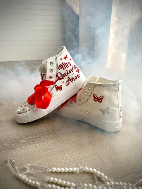 Pick your own colors and Personalized Dancers Sneakers for your Quinceañera. Remember to add your name and the date of the event on the Personalization tab. Perfect match for that dress, don’t forget to ask us for a matching Tiara - Crown. You can search in our Etsy - Store for more information about our reviews. 🌟Includes🌟- Pick shoelace colors.- The toe top is covered with bright rhinestones.- On the sides of the shoe (right & left), the idea/name/date is printed in solid or glitter color.- Quince Shoes Sneakers, Quince Shoes, Quinceanera Shoes, Athleisure Chic, Quinceanera Themes, Blue Crown, That Dress, 15 Gifts, Blue Party