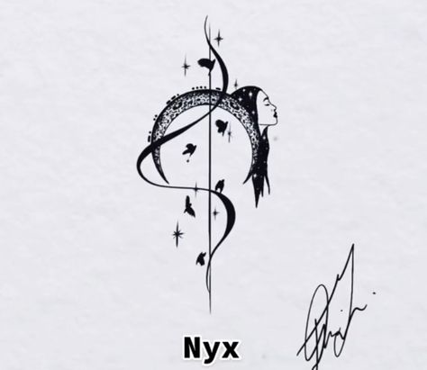 Nyx Goddess Tattoo Symbol, Unique Greek Mythology Tattoos, Nyx Goddess Art Tattoo, Nyx Symbol Tattoo, Nyx Goddess Tattoo Design, Nyx Greek Goddess Tattoo, Nyx Tattoo Goddesses Greek Mythology, Nyx Tattoo Ideas, Greek Myth Tattoo Ideas