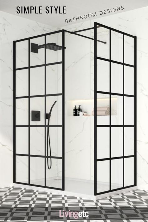 Two Crittal-style black framed shower walls in slightly different sizes create a smart walk-in shower enclosure.  #crittal #showerroom #bathroomdesign White Bathroom Inspiration, Monochrome Bathroom, Square Shower Enclosures, Walk In Shower Enclosures, Black White Bathrooms, Bathroom Shower Design, Shower Screen, Shower Stall, Wet Rooms