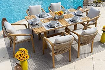 Rimini 7-Piece Teak Wood Outdoor Patio Furniture Dining Set w/Dining Table and 6 Dining Chairs Patio Furniture Dining Set, Wooden Patio Furniture, Durable Outdoor Furniture, Sectional Patio Furniture, Backyard Fireplace, Outdoor Patio Space, Patio Spaces, Teak Outdoor, Lounge Seating