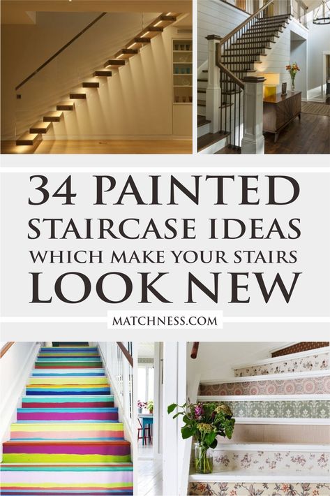 35 Painted Staircase Ideas which Make Your Stairs Look New ~ Matchness.com Bannister Painting Ideas, Stairwell Color Ideas, Painted Steps Ideas Staircases, Bannister Ideas Painted, Painted Staircase Ideas, Painting Wooden Stairs, Painted Staircase, Painted Hallway, Cottage Stairs