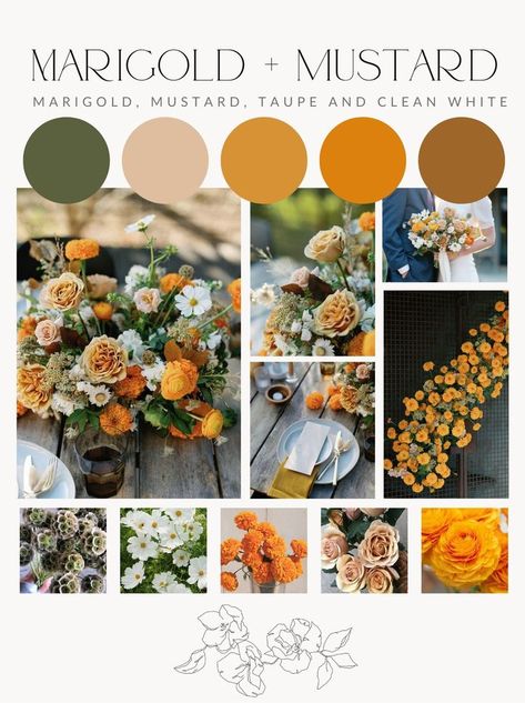 Fall Wedding Colors Mustard Yellow, Green And Mustard Wedding Colors, Mustard Yellow Fall Wedding, Sage And Marigold Wedding, Mustard Wedding Palette, Marigold Colour Palette, Mustard Color Wedding Theme, Marigold Color Palette Weddings, Mustard Wedding Colors Colour Palettes