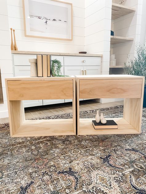 Build In Night Stand, Platform Bed And Nightstands, Diy Minimalist Nightstand, Night Stand Dimensions, Diy Wide Nightstand, Diy Wall Nightstand, Diy Bedside Table With Drawer, Built In End Tables Bedroom, Cube Nightstand Ideas