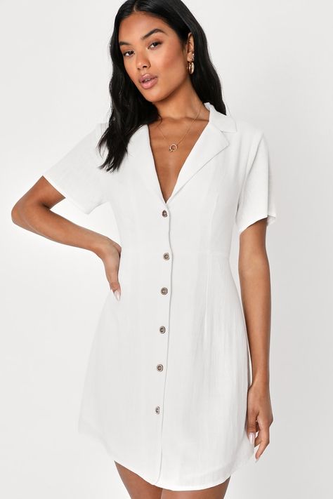 Summer strolls and picnics in the park are always better in the Lulus Central Park Sweetie White Linen Collared Button-Up Mini Dress! Lightweight, linen-blend fabric shapes this versatile and essential dress that has a collared neckline and a button-up bodice framed by short sleeves. Button placket continues across the fitted waist and flaring skirt, finishing at a mini hem. Fit: This garment fits true to size. Length: Above mid-thigh. Size medium measures 32" from shoulder to hem. Bust: Great f Collared Shirt Dress Outfit, Button Up Dress Outfit, Movie Core, White Button Up Dress, White Button Down Dress, Collard Dress, White Collar Dress, Shirt Dress Outfit, White Linen Shirt