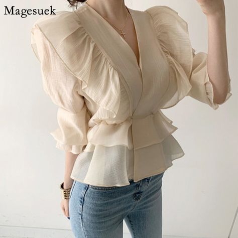 SPECIFICATIONSYear Season: 2020 AutumnStyle: Office LadySleeve Style: Puff SleeveSleeve Length(cm): halfSize: One SizePattern Type: SolidMaterial: Polyester,Spandex,AcetateFabric Type: ChiffonDecoration: RUFFLESColor Classification: ApricotCollar: V-NeckClothing Length: ShortBrand Name: MagesuekAge: Ages 18-35 Years Old Long Sleeve Chiffon Shirt, Chiffon Shirts, Sleeve Ruffles, Tiered Blouse, Chiffon Long Sleeve, Chiffon Shirt, Lantern Sleeve, Chiffon Blouse, Fashion Vintage