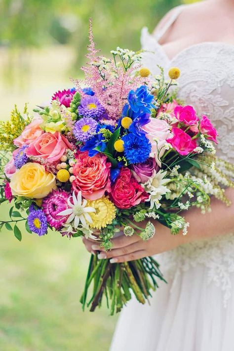 A Royal Blue Country Wedding with Colourful Blooms | Madelyn Holmes Photographics. #wedding #dress #weddingdress #brands #fashion #diy #hair #destinationwedding #weddingplanner #weddingideas #bride #weddings #bridal Colorful Wedding Bouquet, Wedding Themes Spring, Wedding Themes Summer, Summer Wedding Bouquets, Wedding Country, Winter Wedding Colors, Spring Wedding Colors, Rainbow Wedding, Spring Wedding Flowers