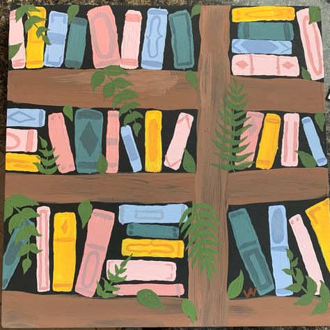 Books Painting Art Aesthetic, Reading Painting Canvas, Book Inspired Paintings, Book Shelf Painting Canvas, Booktok Painting, Bookshelf Painting Canvas, Book Painting Ideas On Canvas, Book Painting Ideas, Bookshelf Painting