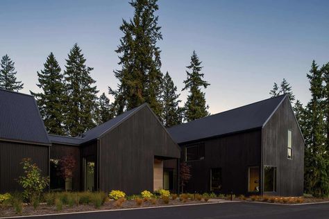 Black Modern Mountain Home Exterior, Sho Shugi Ban House, Shou Sugi Ban House Exterior Siding, Sugi Ban House, Shu Sugi Ban House, Shou Sugi Ban House, Maple Valley Washington, Louvered Pergola, Dark Tile