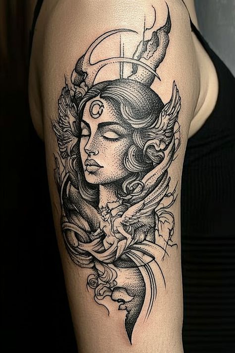 A detailed tattoo of a Greek goddess with a crescent moon on a woman’s arm, symbolizing wisdom and mystery. Greek Mythology Tattoos Arm, Aphoridite Tattoo, Greek Tattoo Designs Mythology, Mythology Tattoos Mythical Creatures, Tattoos Arm Women, Goddess Tattoos For Women, Greek Mythology Tattoo Ideas, Women Forearm Tattoo, Tattoos For Women Arm