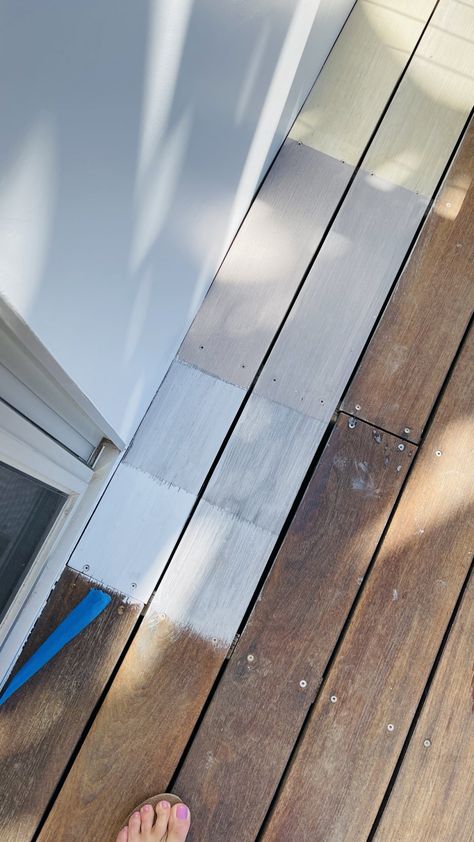 Staining the Deck - Before and After - KristyWicks.com Painted Deck Before And After, Stained Wood Porch Railings, Painted Deck Skirting, Grey Wood Decking, Painting Decking Ideas, Grey And White Porch Ideas, White Wash Deck Stain, Whitewash Deck Stain, Light Grey Decking Paint