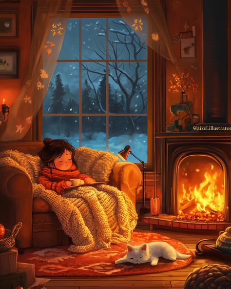 Cozy Reading Nook Illustration, Sitting Around Fireplace, Cozy Evening Quotes, Cozy Reading Art, Cozy Living Room Illustration, Cozy Home Drawing, Cozy Fireplace Drawing, Cozy By The Fire, Cozy Bedroom Illustration