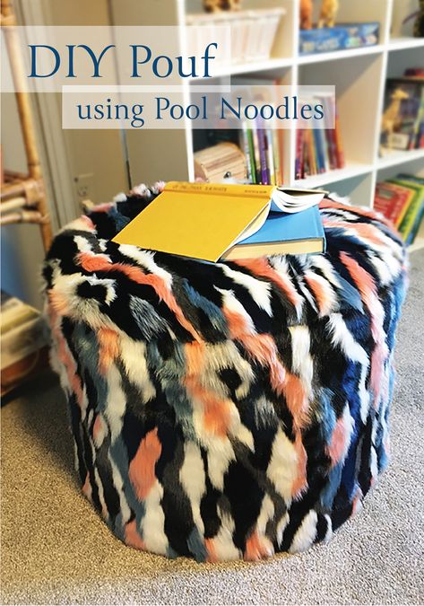 Making Poufs Ottomans, Diy Floor Poofs, Ottoman Diy Easy, Ottoman Pouf Living Room, How To Make A Pouf Ottoman Diy, Pool Noodle Home Decor, Diy Floor Chair, Diy Poofs Ottoman, Pool Noodle Furniture Diy