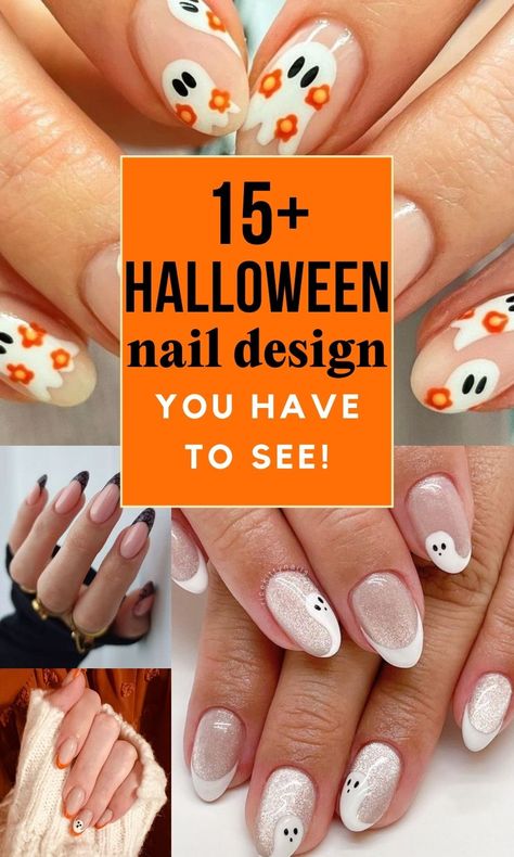 halloween nail design ideas Ghost Gel Nail Designs, Simple Gel Halloween Nails, Gel Nails Fall Ideas, Almond Nails For Halloween, October Short Nail Designs, Fall Nail Designs Simple Short, Fall Or Halloween Nails, Simple Halloween Nail Designs Acrylic, Halloween Themed Nails Short