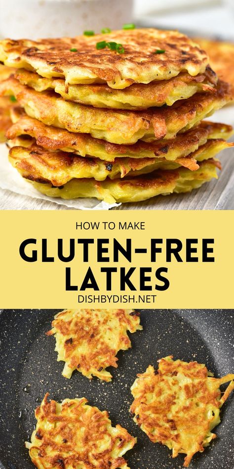 Collage of images of gluten-free latkes Gluten Free Asian Appetizers, Gluten Free Latkes Recipe, Gluten Free Potato Latkes, Gluten Free Latkes, Easy Appetizers For Party, Christmas Appetizers Recipes, Latkes Recipe, Gluten Free Asian, Healthy Appetizers Recipes