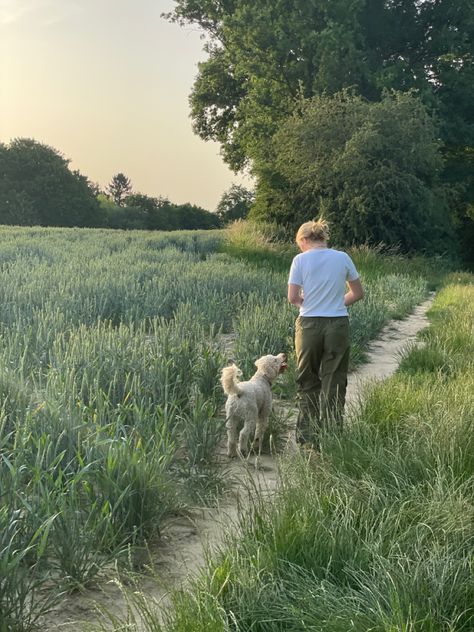 Walking Dog Photoshoot, Pet Owner Aesthetic, Dogs In Forest, Dog Person Aesthetic, Aesthetic Dog Pictures, Pet And Owner Photography, Dog Cottagecore, Cottage Photoshoot, Dog Walking Aesthetic