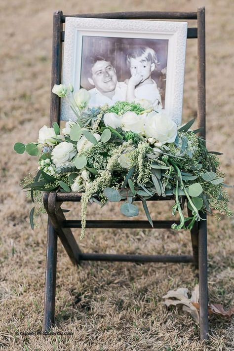 Image of deceased father and bride on "daddy" chair. Father And Bride, Father Of The Bride Outfit, Marriage Reception, Memorial Ideas, Wedding Day Photos, Wedding 2025, Martha Stewart Weddings, Wedding Vibes, Marriage Ceremony