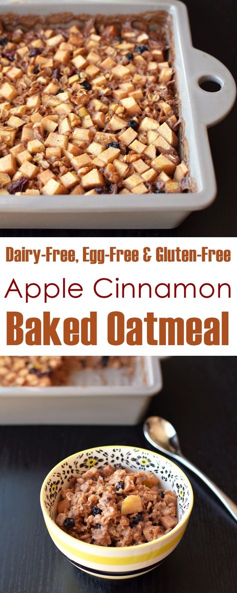 Vegan Apple Cinnamon Baked Oatmeal Recipe (dairy-free, egg-free, gluten-free and plant-based; optionally nut-free) Apple Cinnamon Baked Oatmeal, Cinnamon Baked Oatmeal, Baked Oatmeal Recipe, Baked Oatmeal Recipes, Vegan Apple, Oatmeal Recipe, Plant Based Breakfast, Dairy Free Eggs, Gluten Free Breakfasts