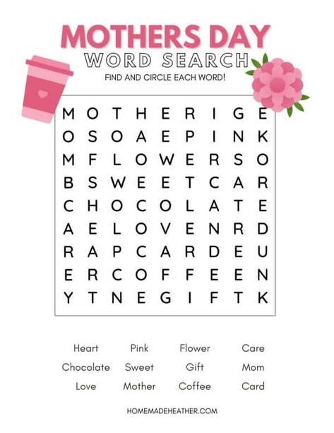 Mothers Day Word Search, Mothers Day Worksheets, Fun Word Search, Easy Word Search, Mother's Day Games, Mother's Day Theme, Mother's Day Printables, Mother's Day Activities, Mom Printable