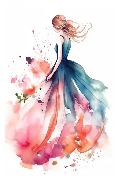 Dress Watercolor Painting, Dresses Painting Fashion, Watercolor Dress Painting, Watercolor Art Women, Fashion Dresses Art, Beautiful Blue Dresses, Abstract Fashion Illustration, Girl Watercolor Painting, Dress Illustration Art