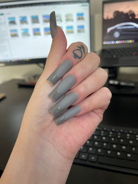 Matte Grey French Tip Nails, Grey Nails With French Tip, Grey French Tip Acrylic Nails, Matte With Gloss Tip Nails, Matte Glossy French Tip, Matte And Glossy French Nails, Gray French Nails, Grey Square Nails, Long Grey Nails