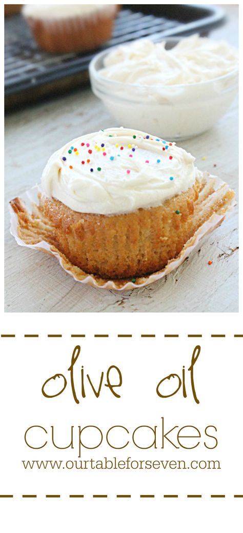 Olive Oil Cupcakes #oliveoil #cupcakes #vanilla #vanillacupcakes #dessert #tableforsevenblog Olive Oil Cupcakes, Boozy Cupcakes Recipes, Baking With Olive Oil, Delicious Cupcakes Recipes, Cupcake Table, Baking With Coconut Oil, Fun Cupcake Recipes, Vanilla Cupcake Recipe, Vanilla Buttercream Frosting