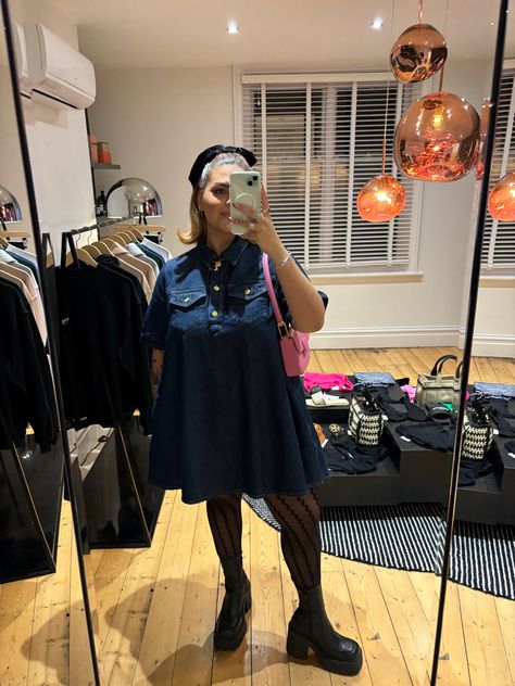 Ganni Dress, Ganni Style, Denim Dress, Hair Bow, Patterned Tights, Chunky boots, Christmas Party Outfit, Autumn Style, Copper Hair, Bob Hairstyle Ganni Outfit, Ganni Style, Ganni Boots, Style Denim Dress, Dress Tights, Tights Boots, Ganni Dress, Outfit Autumn, Christmas Party Outfit