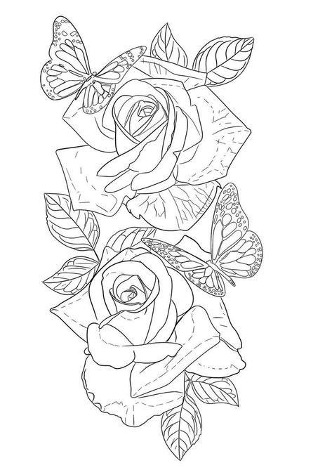 Roses Butterfly Tattoo Design, Female Side Tattoo Ideas, Roses And Butterfly Tattoo Stencil, Rose Butterfly Tattoo Design, Outline Rose Tattoo, Rose With Butterfly Tattoo, Rose Tattoo Stencil Outline, Tattoo Sleeve Stencil, Rose Stencil Tattoo