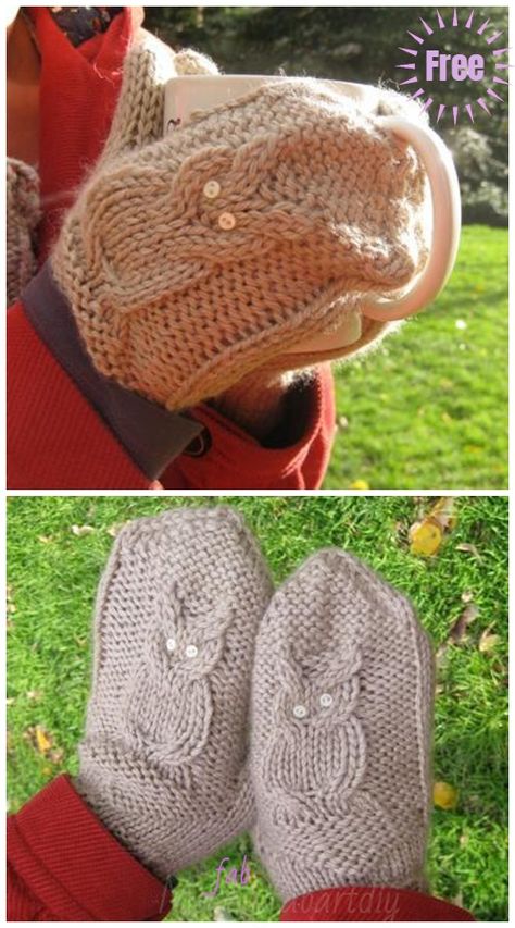 Knit Give a Hoot Cable Owl Mittens Free Knitting Pattern - Adult Size Sock Yarn Shawls, Shadow Knitting, Owl Mittens, Crochet Owl Basket, Knitting Sock, Yarn Shawl, Knitted Owl, Knitted Pouf, Owl Crochet Patterns