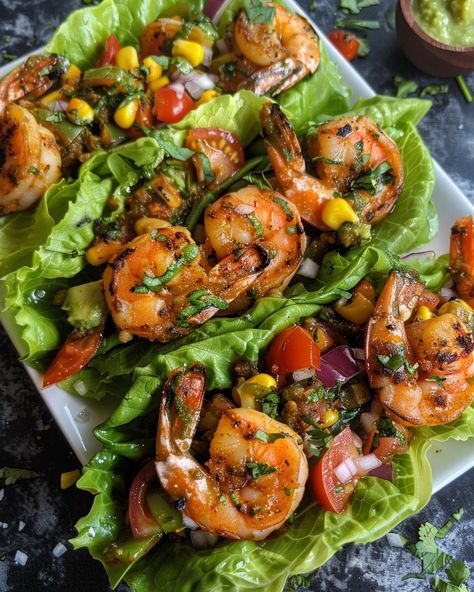 HEALTHY TACO SHRIMP LETTUCE WRAPS 🌮🍤🥬 Ingredients: 1 lb shrimp, peeled and deveined 1 tablespoon olive oil 1 tablespoon taco seasoning 1 head of Romaine or butter lettuce, leaves separated 1/2 cup cherry tomatoes, diced 1/2 cup red onion, diced 1/2 cup avocado, diced 1/4 cup cilantro, chopped 1 lime, cut into wedges Salt and pepper to taste Optional Toppings: Greek yogurt or sour cream Salsa Shredded cheese Jalapeño slices Directions: Step 1: Prepare the Shrimp In a large bowl, toss the... Taco Shrimp Lettuce Boats, Healthy Taco Shrimp Lettuce Wraps, Taco Shrimp, Celebration Recipes, Shrimp Wraps, Shrimp Lettuce Wraps, Healthy Taco, Spicy Shrimp Tacos, Cilantro Lime Shrimp