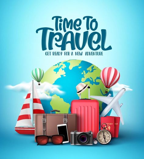 Time to travel the world vector design. Travel and explore the world in different countries and destinations with traveling elements like bags and transportation. Traveling Poster Design, Jiji Background, Travel Branding, Happy Birthday Husband Quotes, Travel Advertising Design, Tourism Design, Travel Flyer, Insurance Ads, India Holidays