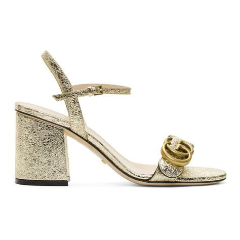 GUCCI GUCCI GOLD GG MARMONT HEELED SANDALS. #gucci #shoes Gucci Heels, Gucci Outfits, Designer High Heels, Mid Heel Sandals, Leather Thong Sandals, Metallic Heels, Gucci Leather, Gold Sandals, Gg Marmont