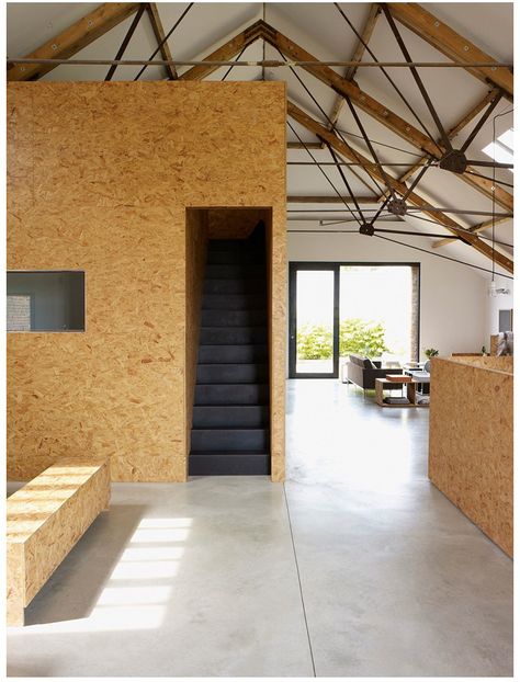 Chipboard Interior, Black Painted Stairs, Osb Furniture, Interior Ceiling, Plywood Interior, Interiors Photography, Warehouse Design, Store Design Boutique, Painted Stairs