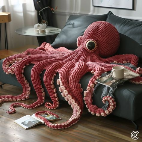 Introducing the Octopus-Inspired Knitted Couch Blanket, a cozy and whimsical addition to your home. Crafted from ultra-soft yarn, this blanket features intricate, tentacle-like extensions that mimic the elegance of an octopus. Perfect for chilly evenings, it offers both warmth and a touch of marine magic to your living space. Conceptual AI Art Follow @ecosapiens for more! Crochet Octopus Free Pattern Chunky Yarn, Crochet Octopus Blanket, Crochet Tentacles, Crochet Couch, Blanket Octopus, Octopus Craft, Knit Coaster, Most Creative Halloween Costumes, Octopus Crafts