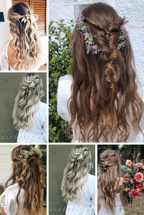 Half Updo Curly Hair Natural, Celtic Hairstyles Wedding, Half Ip Wedding Hair, Boho Bridal Hair Half Up Braids, Half Up With Bangs Hairstyles, Bohemian Half Up Half Down, Braided Half Up Half Down Hair Wedding, Half Up Half Down Wedding Hair With Greenery, Boho Wedding Braid With Flowers