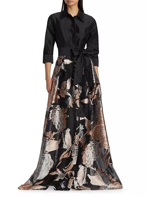 Shop Teri Jon by Rickie Freeman Metallic Floral Jacquard Gown | Saks Fifth Avenue Jacquard Gown, Cape Gown, Teri Jon, Jacquard Skirt, Designer Evening Gowns, Bow Belt, Floral Jacquard, Designer Jeans, Wedding Attire