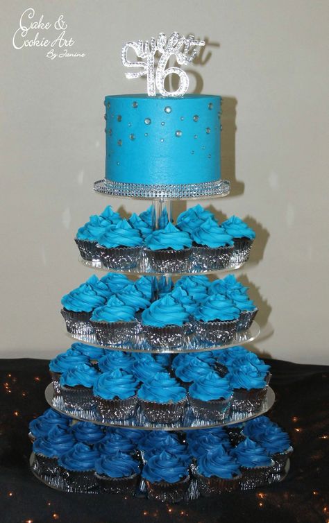 Blue cake and cupcake tower Ombré blue sweet 16 sweet sixteen Sweet 16th Birthday Cakes, 16th Birthday Cakes, Sweet 16 Cupcakes, Cupcake Rosa, Blue Sweets, Sweet 16th Birthday, Blue Sweet 16, Sweet 16 Centerpieces, Sweet Sixteen Cakes