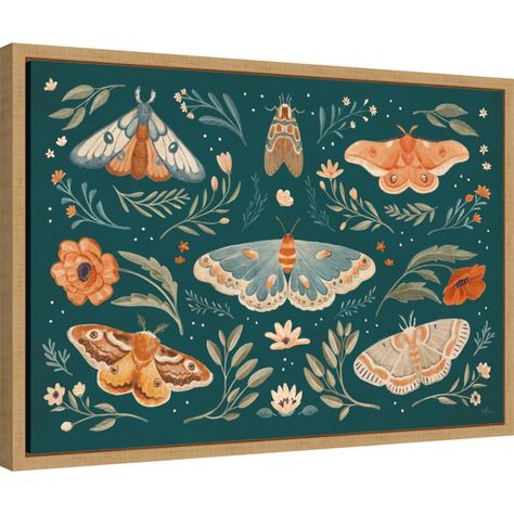 Painted in the style of traditional folk art, this display of moths show hints of real life blended with a touch of whimsy. symmetrical patterning of leaves and flowers offers just the right display of balance. This canvas art print was created by Janelle Penner and printed in Madison, WI. It is stretched across a solid surface to resist sagging. We use only premium, high-tension canvas. Our exclusive stretching techniques hide corner folds and provide a taut canvas surface. The artwork is authentically licensed. The canvas appears as if it is floating in the frame because it has a narrow gap between the edge of the canvas and the frame. Our canvas items are individually made using traditional custom framing techniques, it has the quality you would expect from your local frame shop. Arte Folk, Butterfly Frame, Unframed Wall Art, Canvas Designs, Framed Canvas Wall Art, Gracie Oaks, Print Poster, Framed Canvas Art, Online Art Gallery