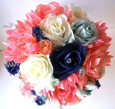 Wedding Bouquet Bridal flowers Silk 17 piece Package CORAL MINT NAVY Blue Silver Bridesmaid boutonni Coral Wedding Flowers, Silk Flower Bouquet, Calla Lily Bridal, Gold Bouquet, Peach Wedding Flowers, Silver Centerpiece, Silver Bridesmaid, Bridal Packages, Coral Navy