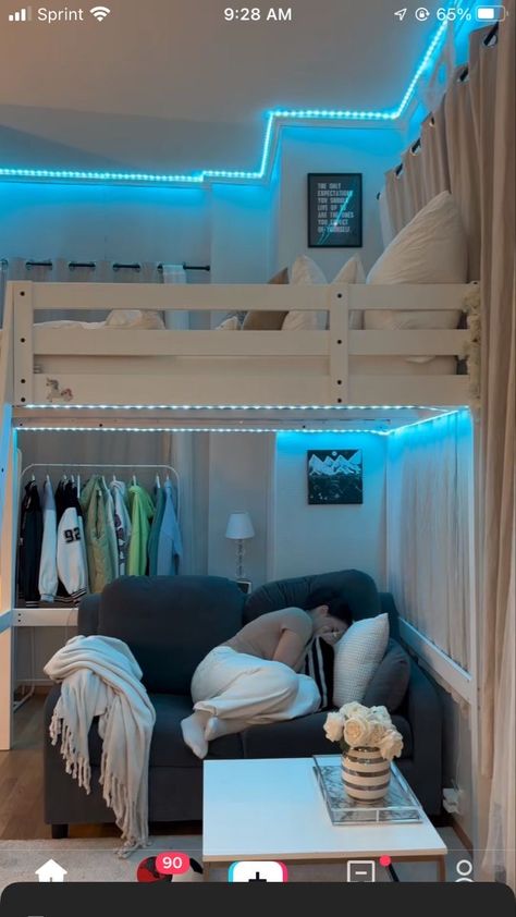 Couch Under Loft Bed, Bunk Bed Rooms Decor Aesthetic, Under Loft Bed, Loft Bed Ideas For Small Rooms, Small Girls Bedrooms, Modern Loft Bed, Comfortable Bedroom Decor, Bunk Bed Rooms, Bedroom Ideas For Small Rooms