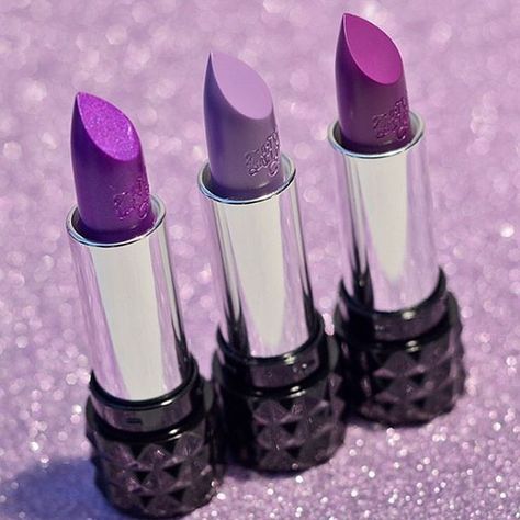 Good morning!  Which lipstick are you starting off your week with?! Here are some of our favorite purple shades! Left to right: #Wonderchilde #Coven and #LUV {photo cc: @mutokki} #StuddedKiss Violet Lipstick, Kiss Lipstick, Lipstick Designs, Eye Makeup Styles, Purple Shades, Purple Lipstick, Goth Beauty, Cruelty Free Brands, Kat Von