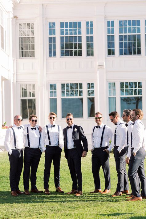 Groomsmen Black Pants White Shirt Suspenders, Groomsmen Attire White And Black, Black Tux With Suspenders, Groomsmen Attire Black Suspenders, Black Tux Suspenders Wedding, Black Bow Tie Groomsmen, Black White Groomsmen Attire, No Suit Groomsmen, Black And Grey Groomsmen