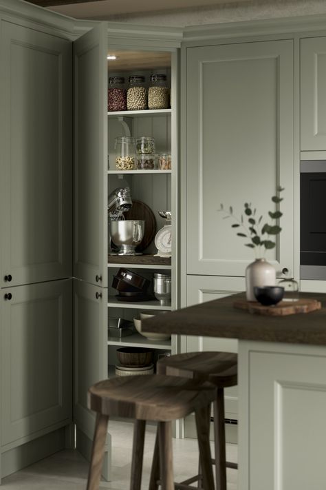 Green Larder Cupboard, Howdens Corner Larder Unit, Howdens Shaker Kitchen, Green Kitchen Cupboards, Green Kitchen Inspiration, Kitchen Corner Storage, Green Shaker Kitchen, Kitchen Larder, Corner Pantry