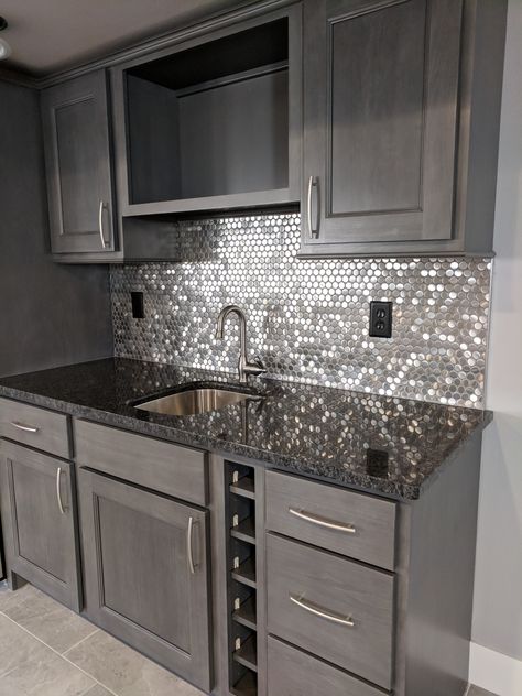 Glitter Backsplash Kitchen, Mosaic Kitchen Tiles Backsplash Ideas, Salon Backsplash Ideas, Penny Round Backsplash Kitchen, Sparkly Backsplash, Bar Backsplash Ideas, Stainless Steel Kitchen Backsplash, Bar Backsplash, Metal Tile Backsplash