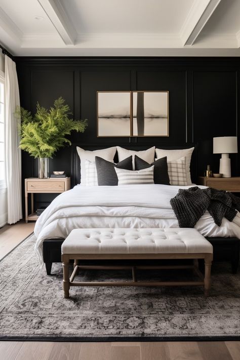 100+ Classic Black and White Bedroom Ideas Black White And Walnut Bedroom, White Bedding Black Bed, Cream Bed With Black Furniture, Black And Natural Wood Bedroom Ideas, Bedrooms With Black Accents, Black And White Walls Bedroom, Primary Bedroom Black Furniture, Black Coastal Bedroom, Tricorn Black Accent Wall Master Bedrooms