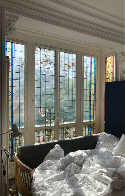 Paris apartment•city•aesthetic•bed•stained glass•vitraux•summer•sun•bedroom Stained Glass Apartment, Stained Glass Bedroom Window, Stained Glass Arched Window, Stained Glass Windows Aesthetic, Skylight Aesthetic, Stained Glass Bedroom, Sun Bedroom, Window Above Bed, Stained Glass Aesthetic