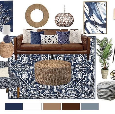 Who loves coastal decor? Indigo blue and brown along with the woven textures remind me of a rocky coast above the ocean #ilovecolor #homedecor #homeinspo #homestyle #interiorstyling #interiordecor #coastaldecor #beachvibes #bluedecor #beachdecor #interiordetails #indigo Brown Leather Couch Blue Rug, Brown And Blue Living Room Ideas, Navy And Brown Living Room, Blue And Brown Living Room, Pretty Living Room Ideas, Brown Couches, Traditional Hamptons, Centerville Ohio, Brown And Blue Living Room