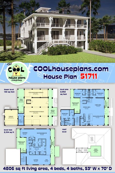 Beach House Plan 51711 has features that you will not find in an ordinary home. Firstly, we highlight: Beach House Plan With Elevator. Enter via the lower level at the ground floor, and we find a massive area for storage. This is like having a basement, yet it's above ground. From here, you can access the elevator which takes you to each level except the roof viewing deck. Parking is available for various types and sizes of vehicles under the house. In addition, the garage accommodates 2 cars. Beach House Floor Plans Coastal Homes, House Plans With Elevators, Coastal House Floor Plans 2 Story, Lottery Homes, Coastal House Plans On Pilings, Raised Beach House Plans Coastal Homes, Beach House Plans Coastal Homes Elevated, Viewing Deck, Coastal Colonial