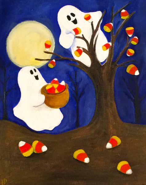 Ghosts Picking Candy Corn Halloween Original Painting | Etsy Halloween Canvas Paintings, Fall Canvas Painting, Fall Canvas, Holiday Painting, Halloween Painting, Halloween Drawings, Canvas Painting Diy, Theme Halloween, Autumn Painting