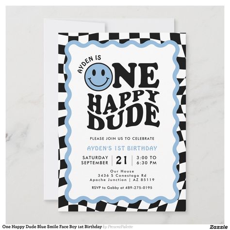 One Happy Dude Blue Smile Face Boy 1st Birthday Invitation | Zazzle One Cool Dude Birthday Theme, One Happy Dude First Birthday Invitation, Blue One Happy Dude Birthday, One Happy Dude First Birthday Blue, One Happy Dude Blue, Boys First Birthday Party Ideas Themes, Owen Gray, Dude Birthday, Blue Smile