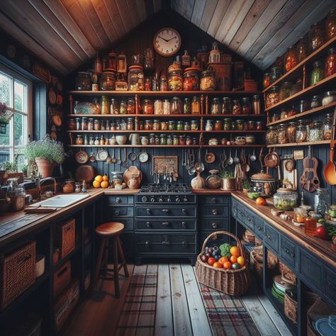 Home Professional Kitchen, Witches Kitchen Inspiration, Cozy Rustic Kitchen, Rustic House Aesthetic, Shelf Kitchen Design, Modern Apothecary Kitchen, Country Tiny House, Hobbit Kitchen, Rustic Tiny Home